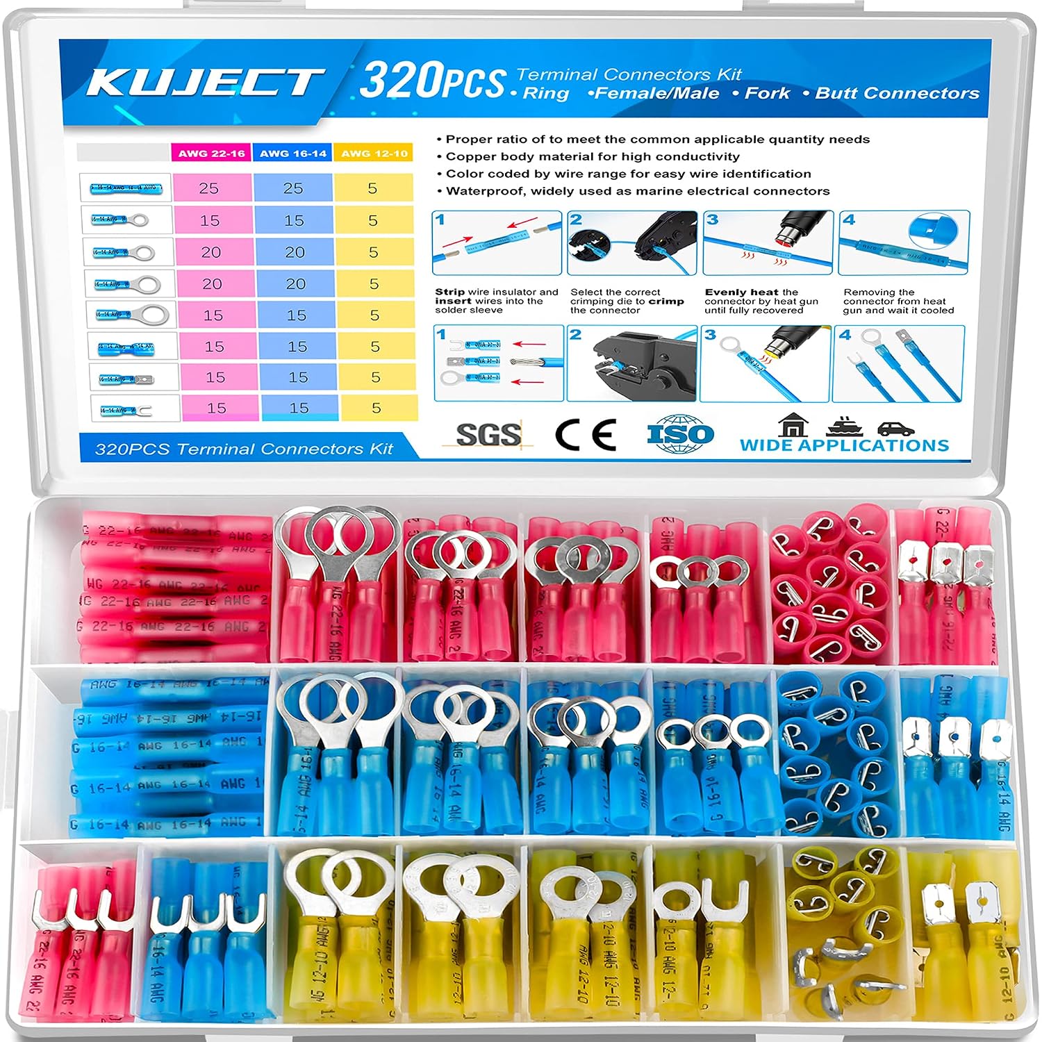 Heat Shrink Wire Connector Kit — 320 Pieces, Insulated Butt and Spade Terminals Heat Shrink Wire Connector Kit — 320 Pieces, Insulated Butt and Spade Terminals