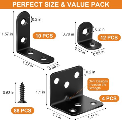 L Bracket Corner Brace Kit — 26 Pieces in 3 Sizes, Black Stainless Steel