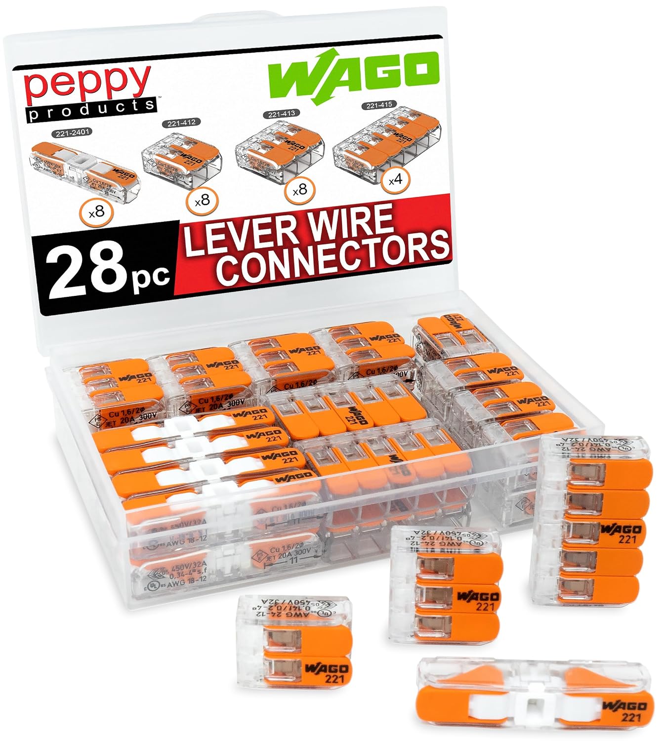 Lever Wire Connectors — 28 Piece Compact Splicing Assortment with Case Lever Wire Connectors — 28 Piece Compact Splicing Assortment with Case
