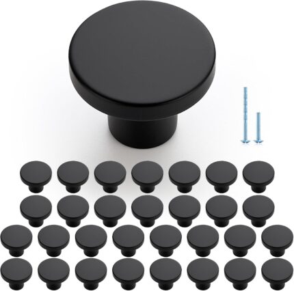 Round Cabinet Knobs 1-1/5 Inch — 30 Pack, Matte Black