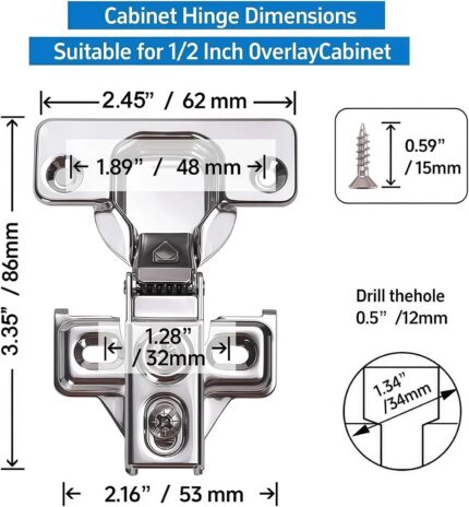 Self Closing Concealed Cabinet Hinges 1/2 Inch Overlay — 24 Pack, Face Frame