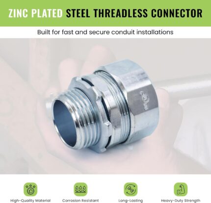 Threadless Conduit Connectors 1-1/4 Inch — 10 Pack, Zinc Plated Steel